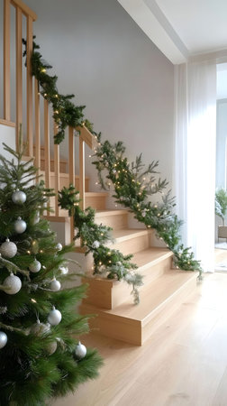 Festive Christmas staircase decorated with a garland, lights, and a Christmas tree. Warm and cozy winter interior design.の写真素材