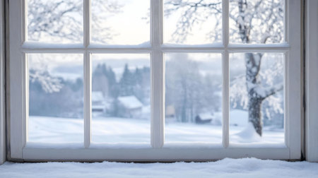 A serene winter scene viewed through a snow-covered window. Peaceful and cold.の写真素材