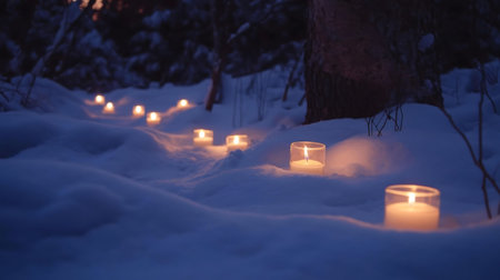 Candles line a snowy path in a winter forest at night, creating a magical and serene atmosphere.