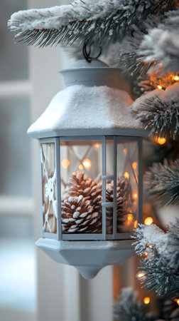A snowy white lantern with pine cones and warm lights hangs from a snow-covered Christmas tree. Festive and cozy winter scene.の写真素材