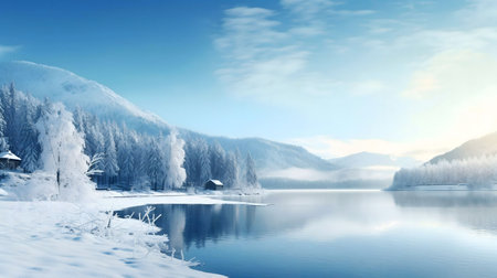 Stunning winter scene: A pristine lake mirrors snow-covered mountains and frosty trees. Peaceful and serene.の写真素材