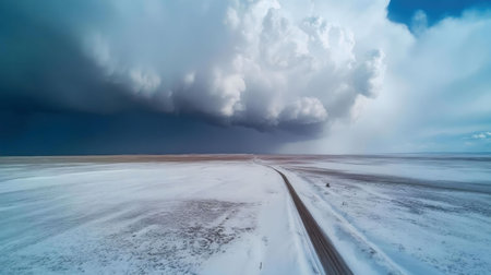 Aerial view of a snow covered road with dramatic clouds overhead. Winter landscape.