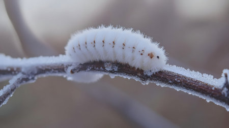 A white, fuzzy caterpillar rests on a frost-covered branch in the winter. The scene is serene and beautifulの写真素材