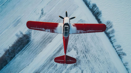 A red airplane flies over a snow-covered field. The aerial view shows the plane's details and the...