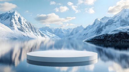 A pristine winter scene featuring a white circular platform floating on a calm lake, reflecting majestic snow-capped mountains.の写真素材
