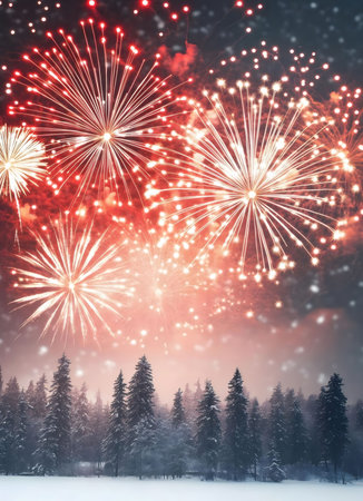 Stunning fireworks display over a snow-covered forest at night. A magical winter celebration.の写真素材