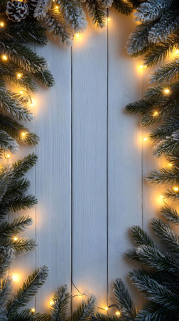 A beautiful Christmas background featuring snowy pine branches adorned with warm, glowing fairy lights arranged on a rustic white wooden surface.の写真素材