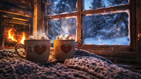 Two mugs of hot chocolate with marshmallows sit on a cozy blanket by a warm fireplace on a snowy winter evening.の写真素材