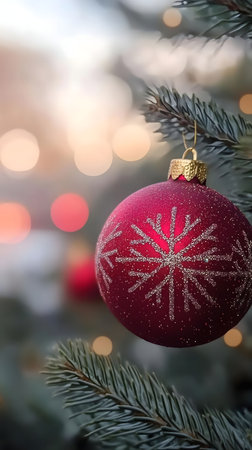 Close-up view of a red Christmas ornament with snowflake pattern hanging on a Christmas tree. Festive and joyful atmosphere.の写真素材