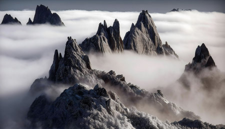 Stunning aerial view of snow-capped mountain peaks piercing through a thick layer of clouds in...