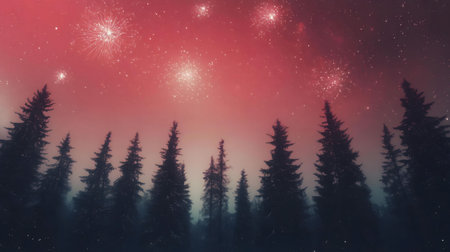 Silhouetted trees in a mystical forest, bathed in the glow of a crimson night sky filled with sparkling lights.の写真素材