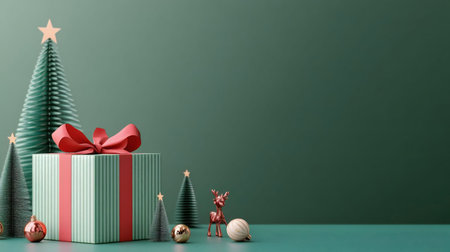 Festive Christmas scene with a gift, Christmas trees, and ornaments on a green background.の写真素材