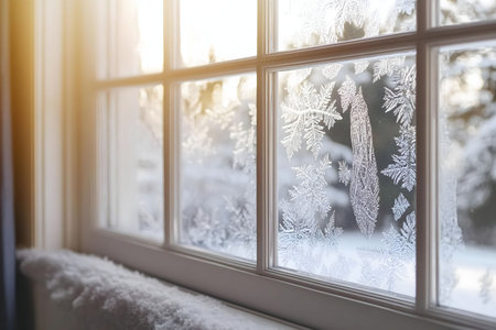 Frosty window with intricate ice patterns, a winter sceneの写真素材
