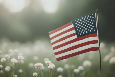 A miniature American flag gently sways in a field of wildflowers. A serene image of patriotism and...