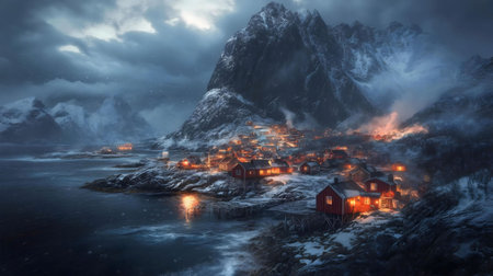 A captivating winter scene of a Norwegian village nestled amongst snow-covered mountains and a serene sea.の写真素材