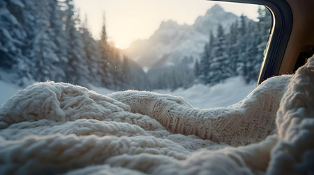 A warm knit blanket in a car window overlooks a snowy mountain range at sunset. Cozy winter escape.の写真素材