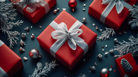 Red gift boxes with white ribbon bows, silver ornaments, and frosted branches create a festive Christmas scene. Dark background.の写真素材