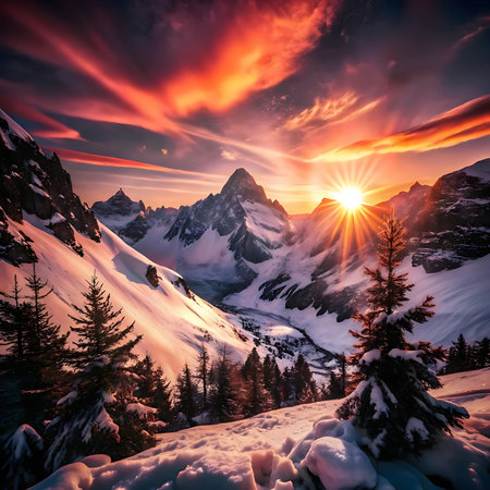 Stunning winter sunset over snow-capped mountains. Breathtaking view of a serene landscape.の写真素材