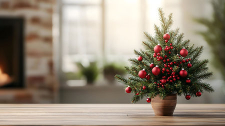 A miniature Christmas tree with red ornaments in a pot on a wooden table. Festive atmosphere.の写真素材