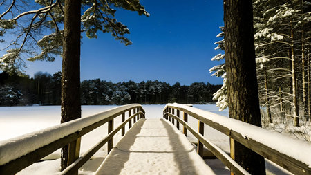 A picturesque snowy bridge spans a frozen lake under a clear night sky. The scene is peaceful and serene.の写真素材