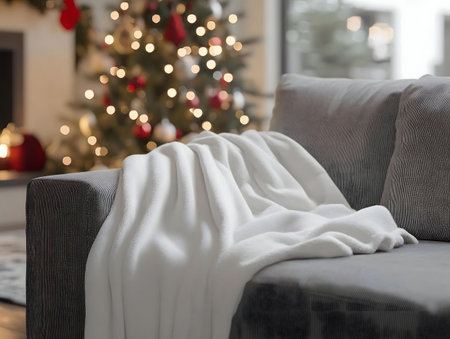 A white fluffy blanket draped on a gray sofa in a living room, with a blurred Christmas tree in the background, creating a cozy holiday atmosphere.の写真素材