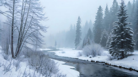 A tranquil winter scene of a river winding through a snow-covered forest, misty atmosphere.