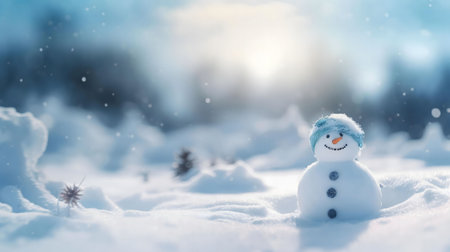 A cheerful snowman wearing a blue hat sits in a snowy winter wonderland. The scene is peaceful and...