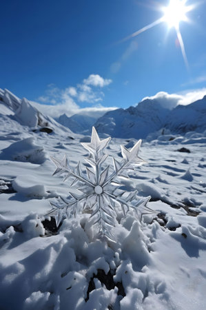 A crystal snowflake rests on a snowy mountain landscape under a bright sun. A beautiful winter scene.の写真素材