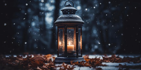 A glowing lantern sits amidst fallen leaves in a snowy forest, creating a scene of serene winter...