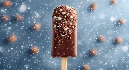A tempting chocolate popsicle, adorned with white and brown sprinkles, against a snowy backdrop.
