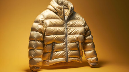 A shiny golden down jacket, perfect for winter. Luxurious and stylish.