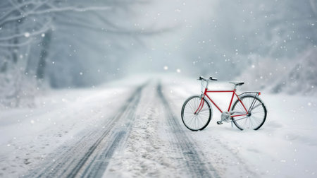 A red bicycle stands alone on a snow-covered road in a winter wonderland. The scene is serene and...