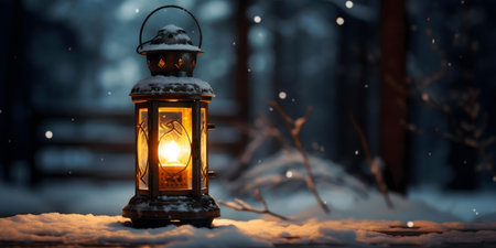 A lit lantern sits in the snow during a winter night. Cozy and peaceful.の写真素材