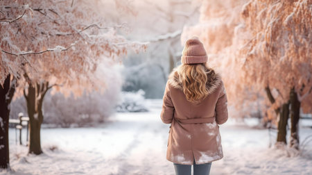 A blonde woman in a pink coat strolls through a snow-covered park.の写真素材