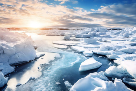 Stunning arctic landscape at sunset. Glacial ice floats on the serene blue waters. A breathtaking...