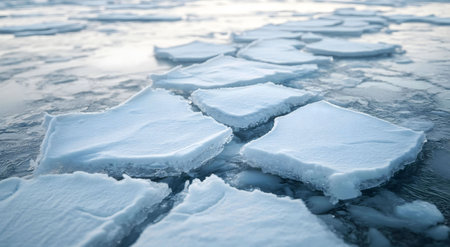 Stunning view of numerous ice floes forming a pathway across a frozen lake, showing the beauty of a...
