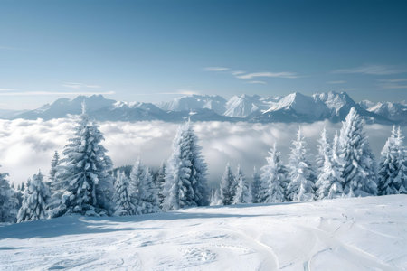 Stunning winter landscape featuring snow-covered mountains, a serene forest of frost-covered trees, and a clear blue sky.の写真素材
