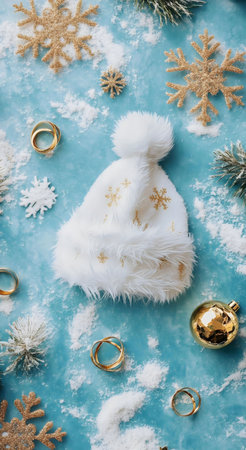 A white winter hat adorned with gold snowflakes rests on a snowy blue background, surrounded by...