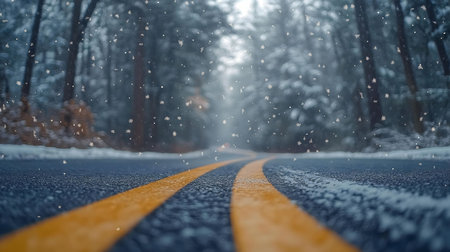 A scenic winter road through a snow-covered forest. Calm atmosphere.の写真素材