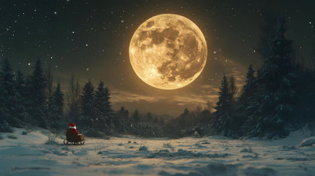 Santa on his sleigh, under a huge, glowing moon in a snowy forest. Christmas magic.の写真素材