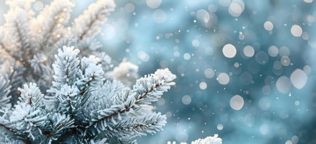 A snowy winter scene featuring a close-up of a snow-covered conifer branch. Perfect for winter or...