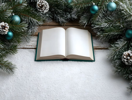 Open book on snow, surrounded by Christmas greenery. Perfect for a holiday theme.の写真素材
