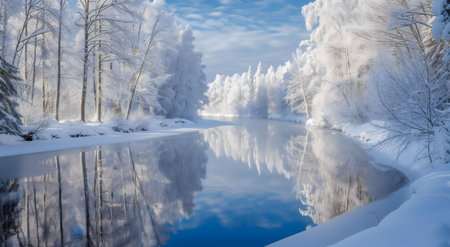 A breathtaking winter scene of a calm river reflecting snow-covered trees. Peaceful, magical atmosphere.の写真素材