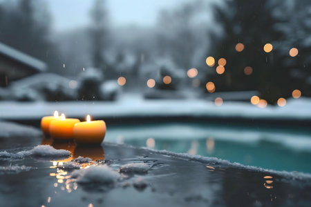 Three candles burn brightly on a snowy poolside on a winter night, creating a serene and peaceful scene.の写真素材