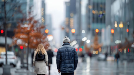 Blurred city scene of people walking on a wet street. Winter atmosphere.