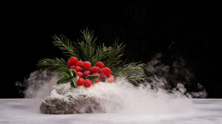 Red raspberries with pine branch on snowy rock. Winter holiday theme.