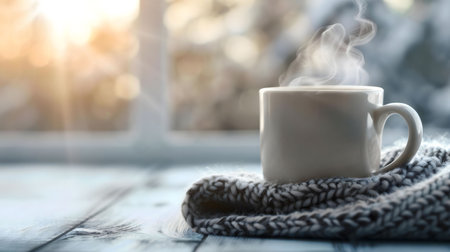 A steaming mug sits on a cozy knitted blanket by a window, showcasing a serene winter scene.の写真素材