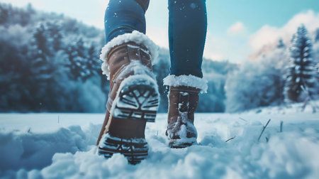 Person walking in snow boots through a winter forest. Snowy adventureの写真素材