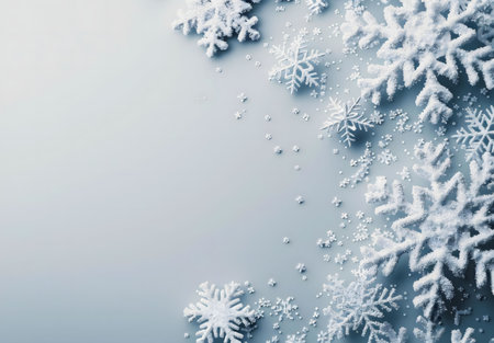 A serene winter scene featuring delicate snowflakes arranged on a soft blue background. Perfect for festive greetings.の写真素材