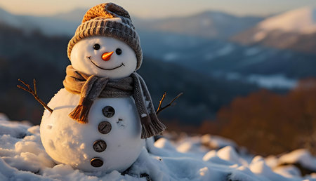 A cheerful snowman, wearing a hat and scarf, stands atop a snowy mountain, enjoying the beauty of a sunset.の写真素材